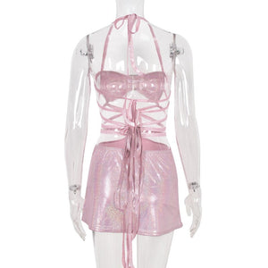 2021 Glitter Pink Two Piece Set Fairy Grunge Crop Top Mini Skirt Summer Y2K Clothes Sexy Club Rave Festival Outfit