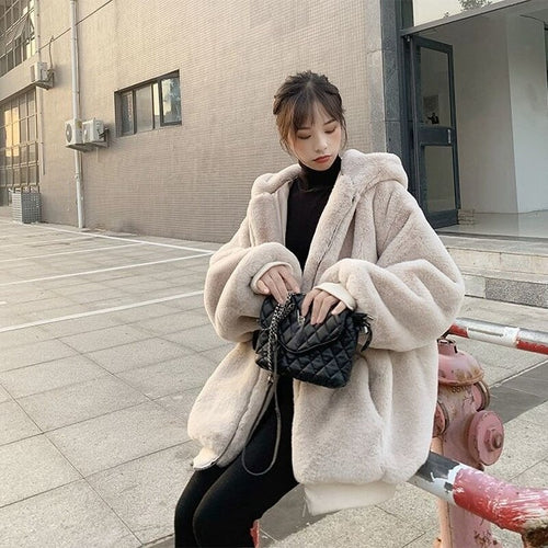 2021 Jacket Women Winter Faux Rabbit Fur Long Coats Female Solid Color Loose Casual Thickened Warm Cotton Hooded Coat
