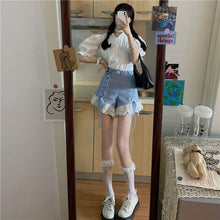 Load image into Gallery viewer, 2021 Japanese Harajuku Summer Women 2 Pcs Set White Ruffled Collar Blouse+Blue Bandage Lace Ruffles Shorts Cute Kawaii Outfits