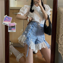 Load image into Gallery viewer, 2021 Japanese Harajuku Summer Women 2 Pcs Set White Ruffled Collar Blouse+Blue Bandage Lace Ruffles Shorts Cute Kawaii Outfits