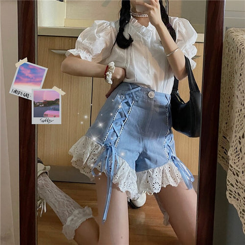 2021 Japanese Harajuku Summer Women 2 Pcs Set White Ruffled Collar Blouse+Blue Bandage Lace Ruffles Shorts Cute Kawaii Outfits