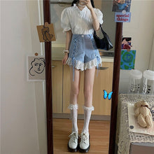 Load image into Gallery viewer, 2021 Japanese Harajuku Summer Women 2 Pcs Set White Ruffled Collar Blouse+Blue Bandage Lace Ruffles Shorts Cute Kawaii Outfits