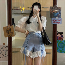 Load image into Gallery viewer, 2021 Japanese Harajuku Summer Women 2 Pcs Set White Ruffled Collar Blouse+Blue Bandage Lace Ruffles Shorts Cute Kawaii Outfits