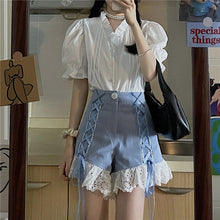 Load image into Gallery viewer, 2021 Japanese Harajuku Summer Women 2 Pcs Set White Ruffled Collar Blouse+Blue Bandage Lace Ruffles Shorts Cute Kawaii Outfits
