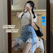 Load image into Gallery viewer, 2021 Japanese Harajuku Summer Women 2 Pcs Set White Ruffled Collar Blouse+Blue Bandage Lace Ruffles Shorts Cute Kawaii Outfits