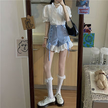 Load image into Gallery viewer, 2021 Japanese Harajuku Summer Women 2 Pcs Set White Ruffled Collar Blouse+Blue Bandage Lace Ruffles Shorts Cute Kawaii Outfits
