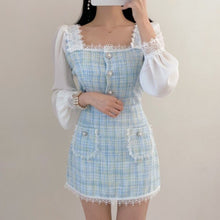 Load image into Gallery viewer, 2021 Korea Spring Fashion Temperament Sweet Chiffon Patchwork Tweed Elegant Square Collar Top + High Waist Mini Skirt Suit
