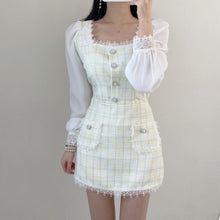 Load image into Gallery viewer, 2021 Korea Spring Fashion Temperament Sweet Chiffon Patchwork Tweed Elegant Square Collar Top + High Waist Mini Skirt Suit
