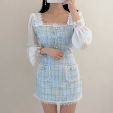 Load image into Gallery viewer, 2021 Korea Spring Fashion Temperament Sweet Chiffon Patchwork Tweed Elegant Square Collar Top + High Waist Mini Skirt Suit