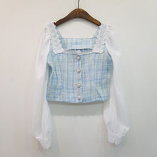 Load image into Gallery viewer, 2021 Korea Spring Fashion Temperament Sweet Chiffon Patchwork Tweed Elegant Square Collar Top + High Waist Mini Skirt Suit