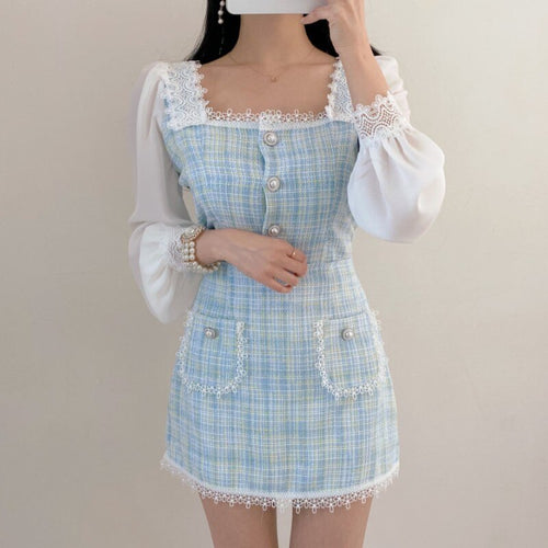 2021 Korea Spring Fashion Temperament Sweet Chiffon Patchwork Tweed Elegant Square Collar Top + High Waist Mini Skirt Suit