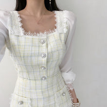 Load image into Gallery viewer, 2021 Korea Spring Fashion Temperament Sweet Chiffon Patchwork Tweed Elegant Square Collar Top + High Waist Mini Skirt Suit