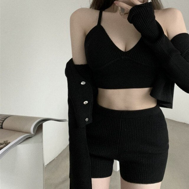 2021 Korean Fashion Summer 3 Piece Set Casual Knitted Women Elegant Long Sleeve Cardigan + Sling V-Neck Vest + Shorts Outfits