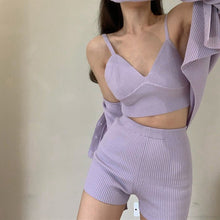 Load image into Gallery viewer, 2021 Korean Fashion Summer 3 Piece Set Casual Knitted Women Elegant Long Sleeve Cardigan + Sling V-Neck Vest + Shorts Outfits