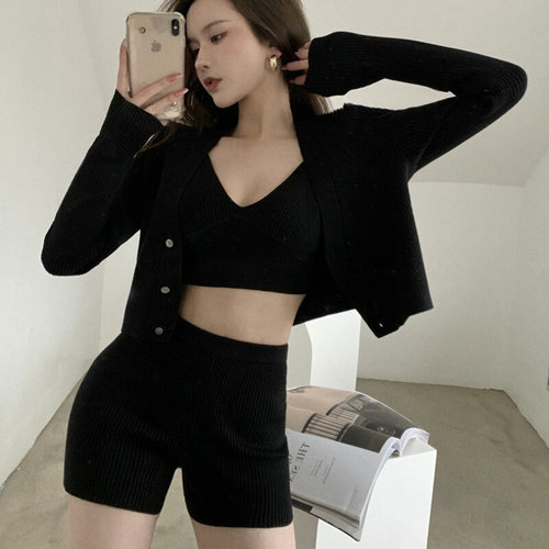 2021 Korean Fashion Summer 3 Piece Set Casual Knitted Women Elegant Long Sleeve Cardigan + Sling V-Neck Vest + Shorts Outfits