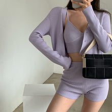 Load image into Gallery viewer, 2021 Korean Fashion Summer 3 Piece Set Casual Knitted Women Elegant Long Sleeve Cardigan + Sling V-Neck Vest + Shorts Outfits