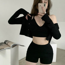 Load image into Gallery viewer, 2021 Korean Fashion Summer 3 Piece Set Casual Knitted Women Elegant Long Sleeve Cardigan + Sling V-Neck Vest + Shorts Outfits