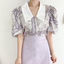 Load image into Gallery viewer, 2021 Korean Temperament Sweet Doll Collar Chiffon Print Women Blouses Fashion Puff Sleeve Office Chic Blusas