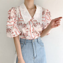 Load image into Gallery viewer, 2021 Korean Temperament Sweet Doll Collar Chiffon Print Women Blouses Fashion Puff Sleeve Office Chic Blusas