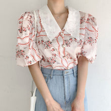 Load image into Gallery viewer, 2021 Korean Temperament Sweet Doll Collar Chiffon Print Women Blouses Fashion Puff Sleeve Office Chic Blusas