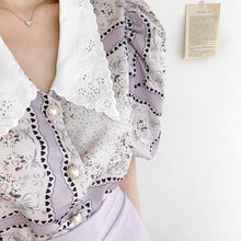 Load image into Gallery viewer, 2021 Korean Temperament Sweet Doll Collar Chiffon Print Women Blouses Fashion Puff Sleeve Office Chic Blusas