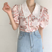 Load image into Gallery viewer, 2021 Korean Temperament Sweet Doll Collar Chiffon Print Women Blouses Fashion Puff Sleeve Office Chic Blusas