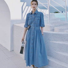 Load image into Gallery viewer, 2021 Korean Women Slim Denim Dress Fashion Short Sleeve Turn-Down Collar Single Breasted  Elastic Waist Casual Long Dress Female