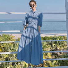 Load image into Gallery viewer, 2021 Korean Women Slim Denim Dress Fashion Short Sleeve Turn-Down Collar Single Breasted  Elastic Waist Casual Long Dress Female