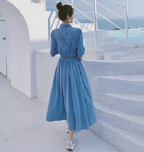 Load image into Gallery viewer, 2021 Korean Women Slim Denim Dress Fashion Short Sleeve Turn-Down Collar Single Breasted  Elastic Waist Casual Long Dress Female
