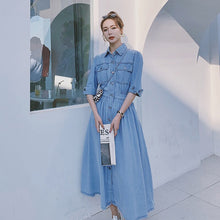 Load image into Gallery viewer, 2021 Korean Women Slim Denim Dress Fashion Short Sleeve Turn-Down Collar Single Breasted  Elastic Waist Casual Long Dress Female