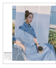 Load image into Gallery viewer, 2021 Korean Women Slim Denim Dress Fashion Short Sleeve Turn-Down Collar Single Breasted  Elastic Waist Casual Long Dress Female
