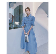 Load image into Gallery viewer, 2021 Korean Women Slim Denim Dress Fashion Short Sleeve Turn-Down Collar Single Breasted  Elastic Waist Casual Long Dress Female