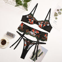 Load image into Gallery viewer, 2021 Lace Perspective Flower Embroidered Sexy Lingerie Set Underwire Gathers Bra Panties Garters See-through Erotic Thong Suit