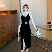 Load image into Gallery viewer, 2021 Long Sleeve Lace Stand Collar Top High Waist Split Fork Slim Golden Velvet Sling Dress Women Autumn 2 Piece Clothes Set
