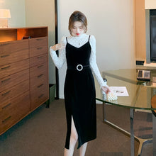 Load image into Gallery viewer, 2021 Long Sleeve Lace Stand Collar Top High Waist Split Fork Slim Golden Velvet Sling Dress Women Autumn 2 Piece Clothes Set