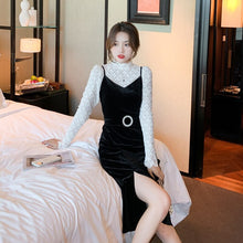 Load image into Gallery viewer, 2021 Long Sleeve Lace Stand Collar Top High Waist Split Fork Slim Golden Velvet Sling Dress Women Autumn 2 Piece Clothes Set