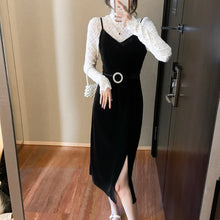 Load image into Gallery viewer, 2021 Long Sleeve Lace Stand Collar Top High Waist Split Fork Slim Golden Velvet Sling Dress Women Autumn 2 Piece Clothes Set