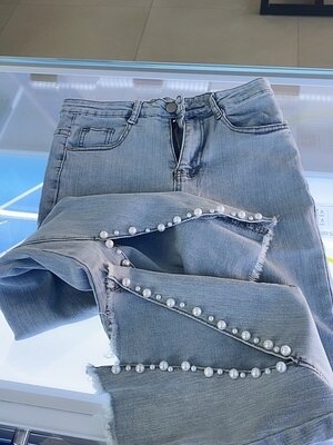 2021 New 2 Piece Set Women Spring Summer Europe Shinny Pearls Beadings Blouses Tops Elastic Flare jean Pants Suits Clothing Set