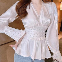 Load image into Gallery viewer, 2021 New 2 Piece Set Women Spring Summer Europe Shinny Pearls Beadings Blouses Tops Elastic Flare jean Pants Suits Clothing Set