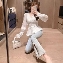 Load image into Gallery viewer, 2021 New 2 Piece Set Women Spring Summer Europe Shinny Pearls Beadings Blouses Tops Elastic Flare jean Pants Suits Clothing Set