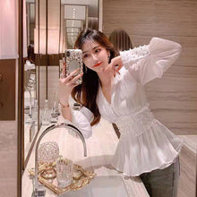 Load image into Gallery viewer, 2021 New 2 Piece Set Women Spring Summer Europe Shinny Pearls Beadings Blouses Tops Elastic Flare jean Pants Suits Clothing Set