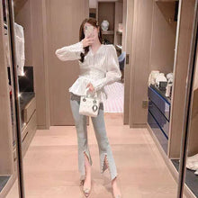 Load image into Gallery viewer, 2021 New 2 Piece Set Women Spring Summer Europe Shinny Pearls Beadings Blouses Tops Elastic Flare jean Pants Suits Clothing Set
