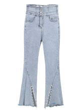 Load image into Gallery viewer, 2021 New 2 Piece Set Women Spring Summer Europe Shinny Pearls Beadings Blouses Tops Elastic Flare jean Pants Suits Clothing Set