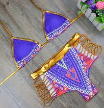 Load image into Gallery viewer, 2021 New African Print Two-Pieces Bath Suits Bikini Set Sexy Geometric Swimwear Swimsuit Gold High Waist Swimming Suit