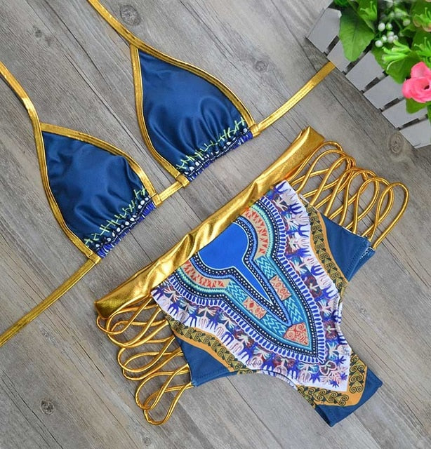 2021 New African Print Two-Pieces Bath Suits Bikini Set Sexy Geometric Swimwear Swimsuit Gold High Waist Swimming Suit