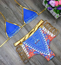 Load image into Gallery viewer, 2021 New African Print Two-Pieces Bath Suits Bikini Set Sexy Geometric Swimwear Swimsuit Gold High Waist Swimming Suit