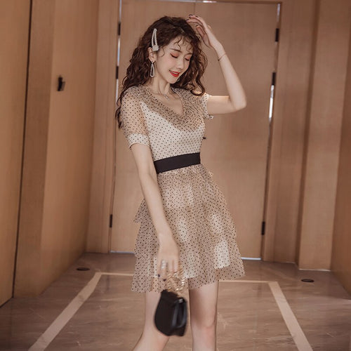 2021 New Arrival Fashion Elegant Party Dress Women Sexy Perspective Mesh Temperament Cascading Ruffle Mesh Polka Dot Mini Dress
