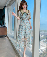 Load image into Gallery viewer, 2021 New Arrival Summer Retro Peter Pan Collar Flower Print Short Sleeve Women Chiffon A-line Dress Vestidos Female