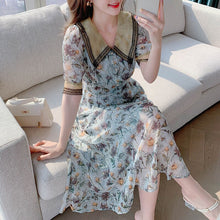 Load image into Gallery viewer, 2021 New Arrival Summer Retro Peter Pan Collar Flower Print Short Sleeve Women Chiffon A-line Dress Vestidos Female