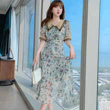 Load image into Gallery viewer, 2021 New Arrival Summer Retro Peter Pan Collar Flower Print Short Sleeve Women Chiffon A-line Dress Vestidos Female